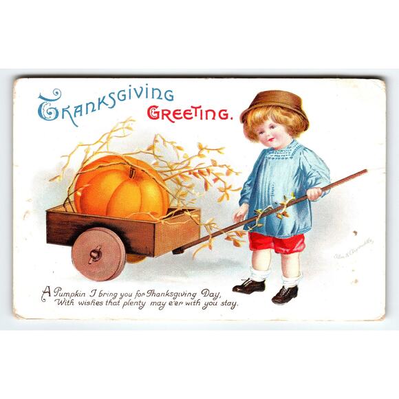 Vintage Thanksgiving Greeting Postcard Child Pumpkin Wagon Ellen H. Clapsaddle - Picture 1 of 2